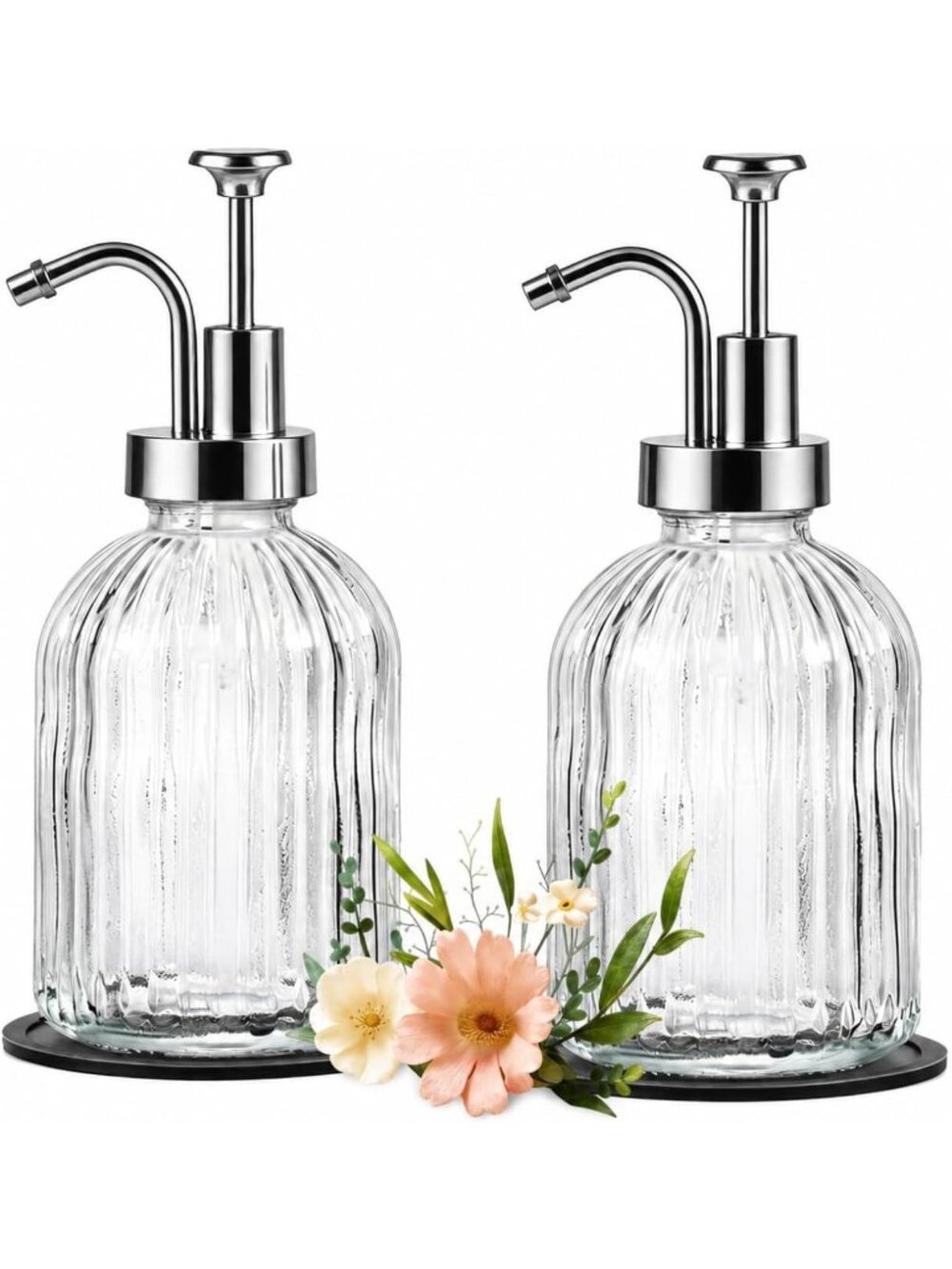 Set of 2 Clear Glass Soap Dispensers with Silver Pump - Striped Design, 12oz